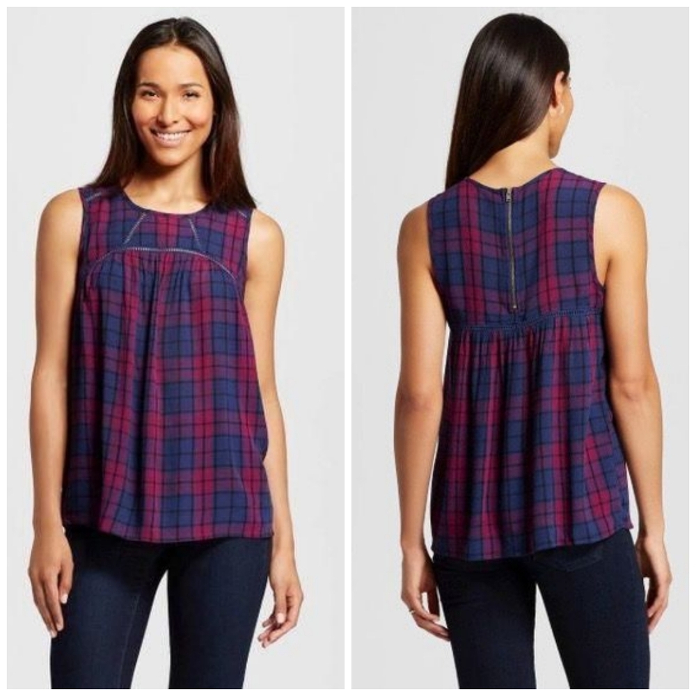 Knox Rose Purple & Blue Chunky Plaid High Neckline Flowy Sleeveless Tank Top